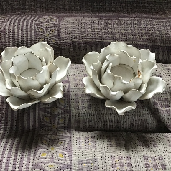 Anthropologie lotus candle HOLDERS white ceramic SHABBY chic decor - Picture 2 of 4